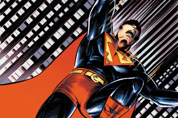 Superman unoszący się nad nocnym, art déco Metropolis w klimacie dawnych komiksów DC