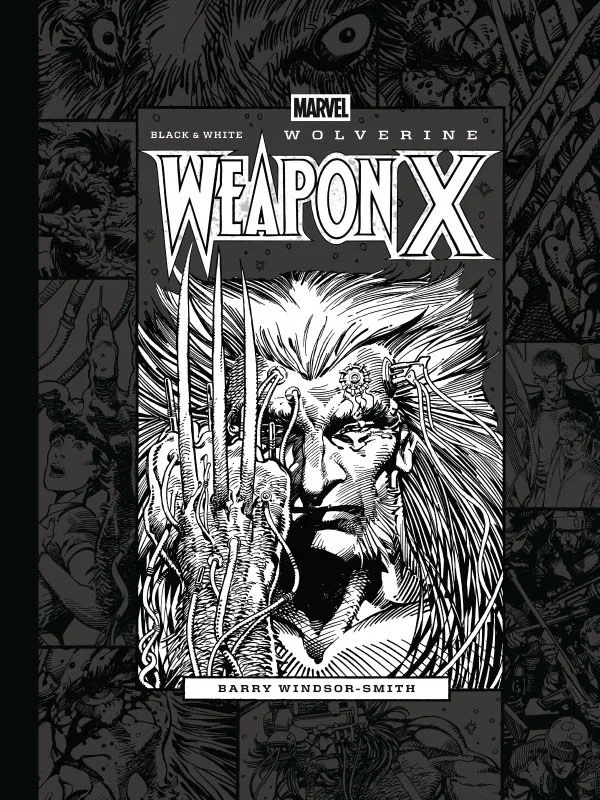 Czarno-biała ilustracja inspirowana historią „Weapon X”, pokazująca Wolverina w laboratoryjnej scenerii