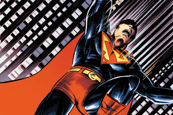 Superman unoszący się nad nocnym, art déco Metropolis w klimacie dawnych komiksów DC