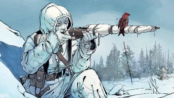 Samotny snajper w białym zimowym krajobrazie, ilustracja w klimacie komiksu wojennego